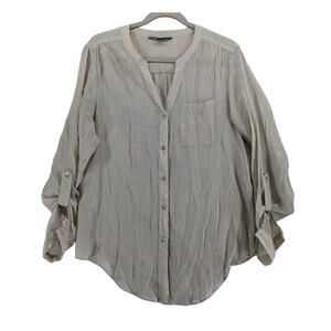 Zac & Rachel Draped Blouse L Cream Split V Neck Roll Tab Sleeve Tunic Button‎ Up